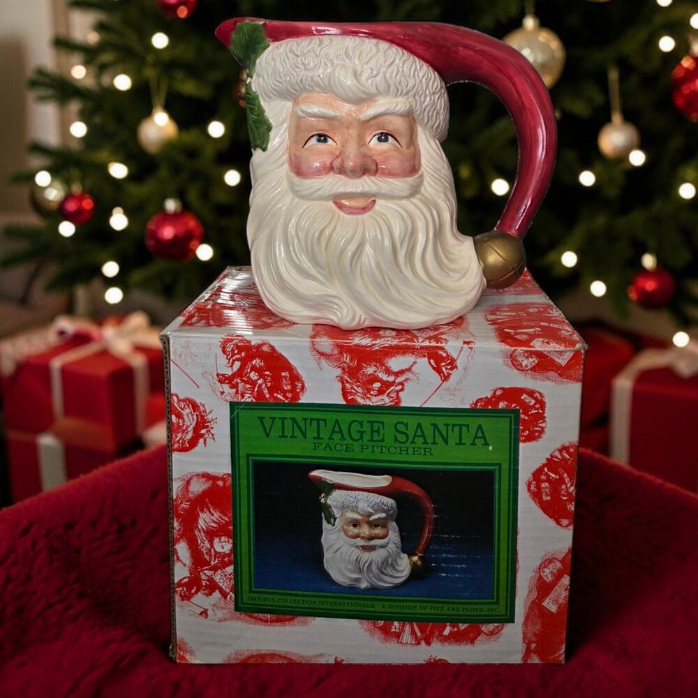 Fitz and Floyd Omnibus Vintage Santa Face Pitcher w/ Original Box 2 Quarts